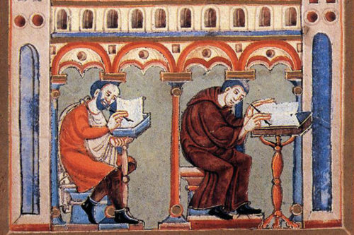 Zwei Mönche im Scriptorium